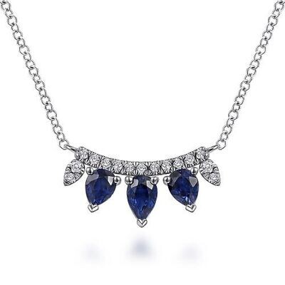 Gabriel NK6075W45SA
14K White Gold Pear Shaped Sapphire and Diamond Bar Pendant Necklace