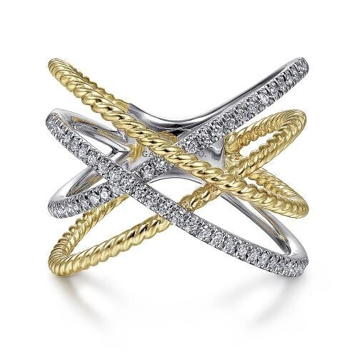 Gabriel LR51630M45JJ 14K White-Yellow Gold Twisted Rope and Diamond Criss Cross Ring