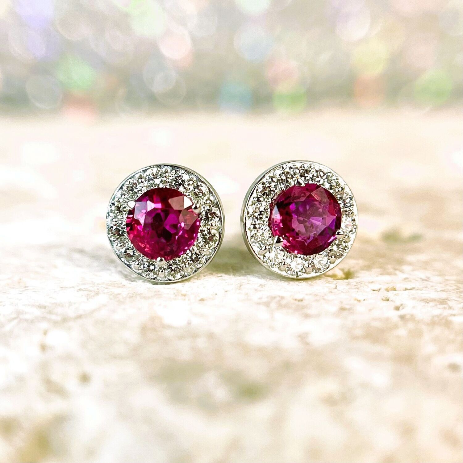 Grandeur E899  14k White Gold Ruby & Diamond Stud Earrings