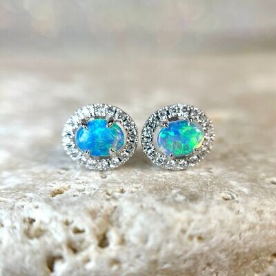 24764896 14k White gold Opal & Diamond Halo Stud Earrings