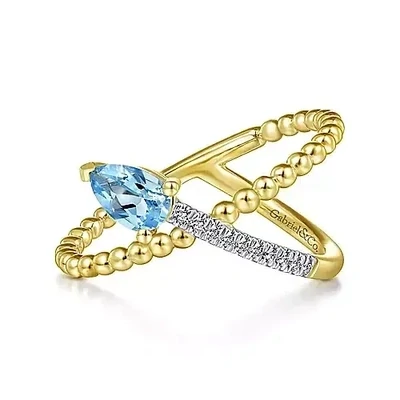 Gabriel LR51446Y45BT 14K Yellow Gold Swiss Blue Topaz and Diamond Criss Cross Ring