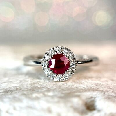 24840605 14k White Gold Ruby & Diamond Halo Style Ring
