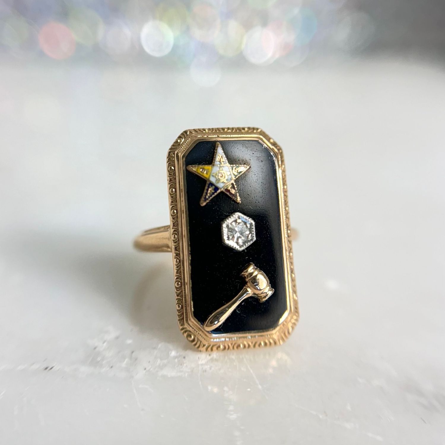 EST184  Estate 14k Yellow Gold Onyx & Diamond Eastern Star Masonic Ring with Gavel