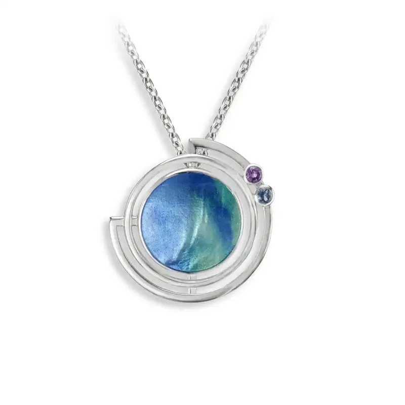 Nicole Barr NN0578YA   Sterling Silver Hand-Enameled Blue Round Planet with Rings Necklace with Amethyst