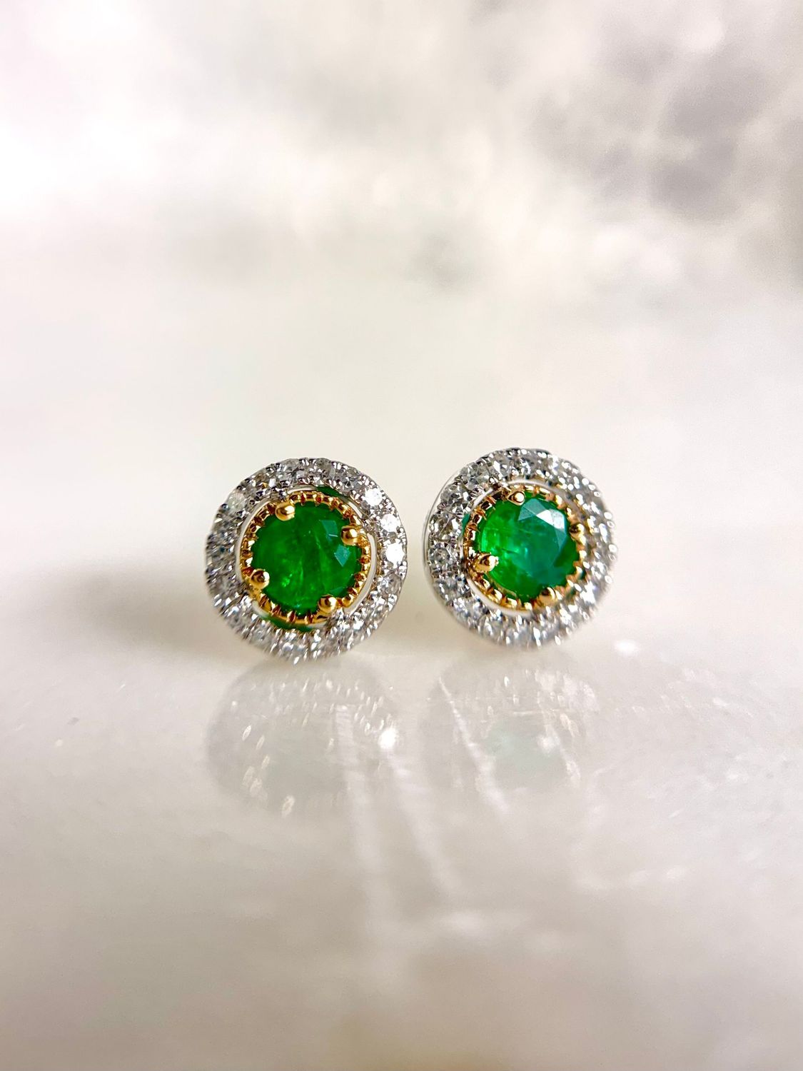 Heera Moti EC1006-303  14W/Y Emerald & Diamond Halo Stud Earrings