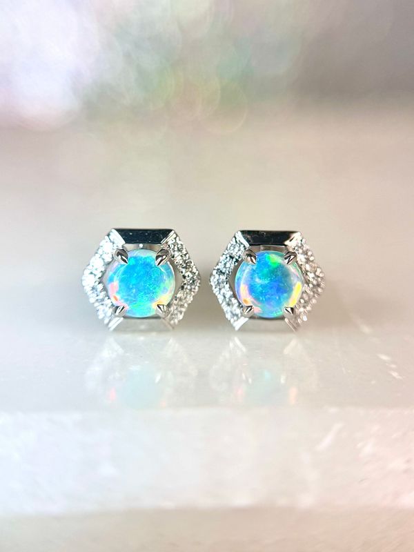 25194101  14k White gold Opal & Diamond Halo Stud Earrings