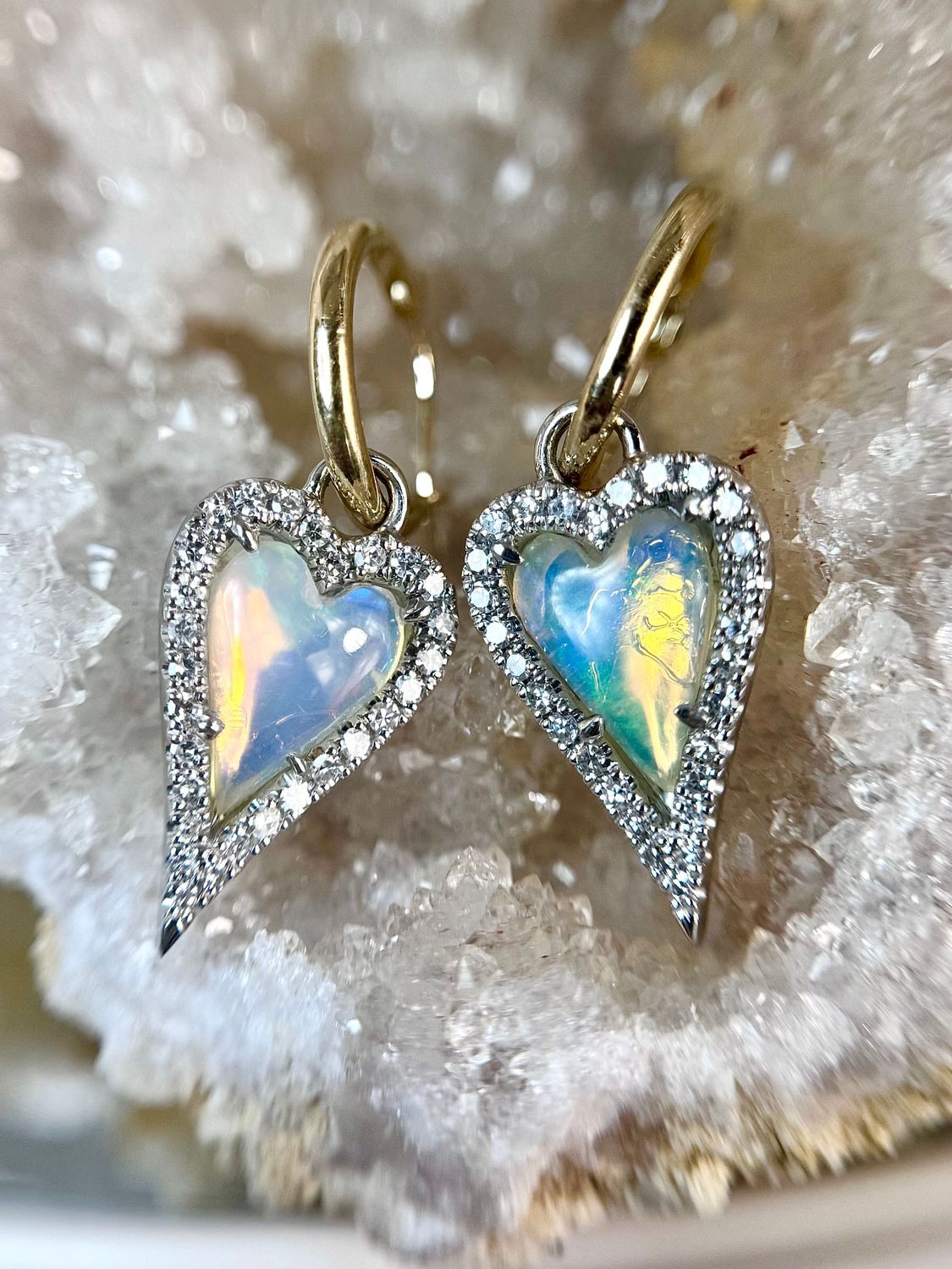Heera Moti ED5333B-301  14k White & Yellow Gold Opal & Diamond Dangle Earrings