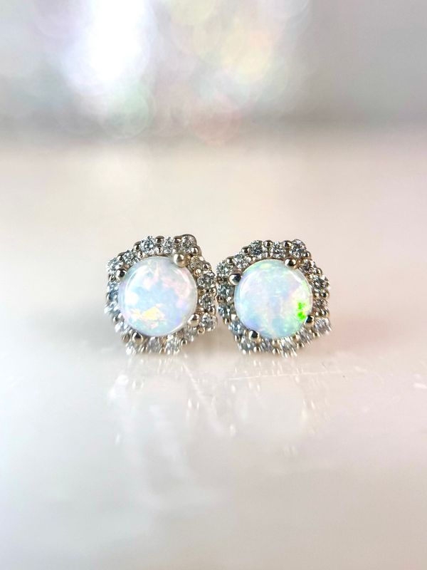 Grandeur E3747  14k White Gold Opal & Diamond Earrings