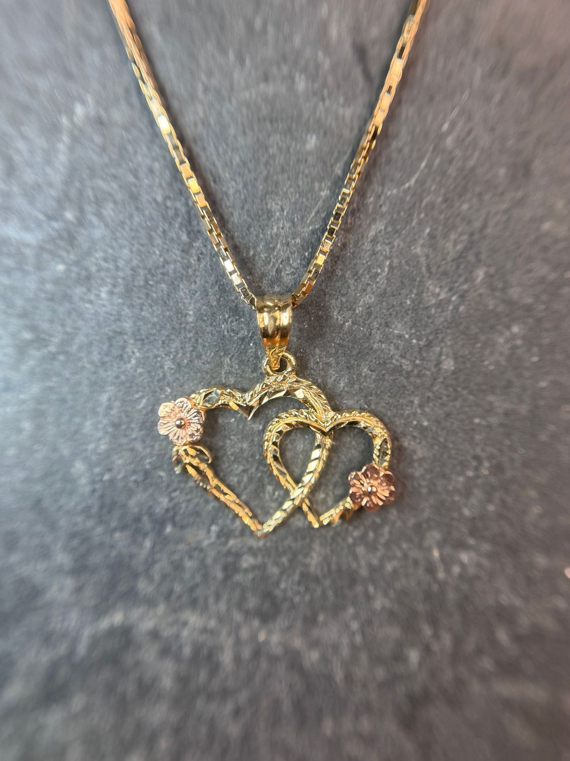CA833  14k Yellow & Rose Gold Double Heart Necklace, With or Without chain: With Chain