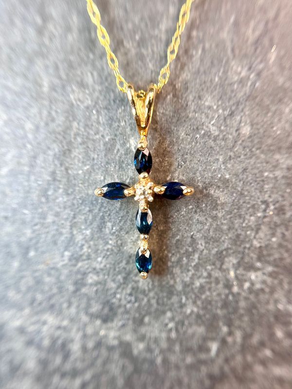 CA837  14k Yellow Gold Sapphire & Diamond Cross Necklace