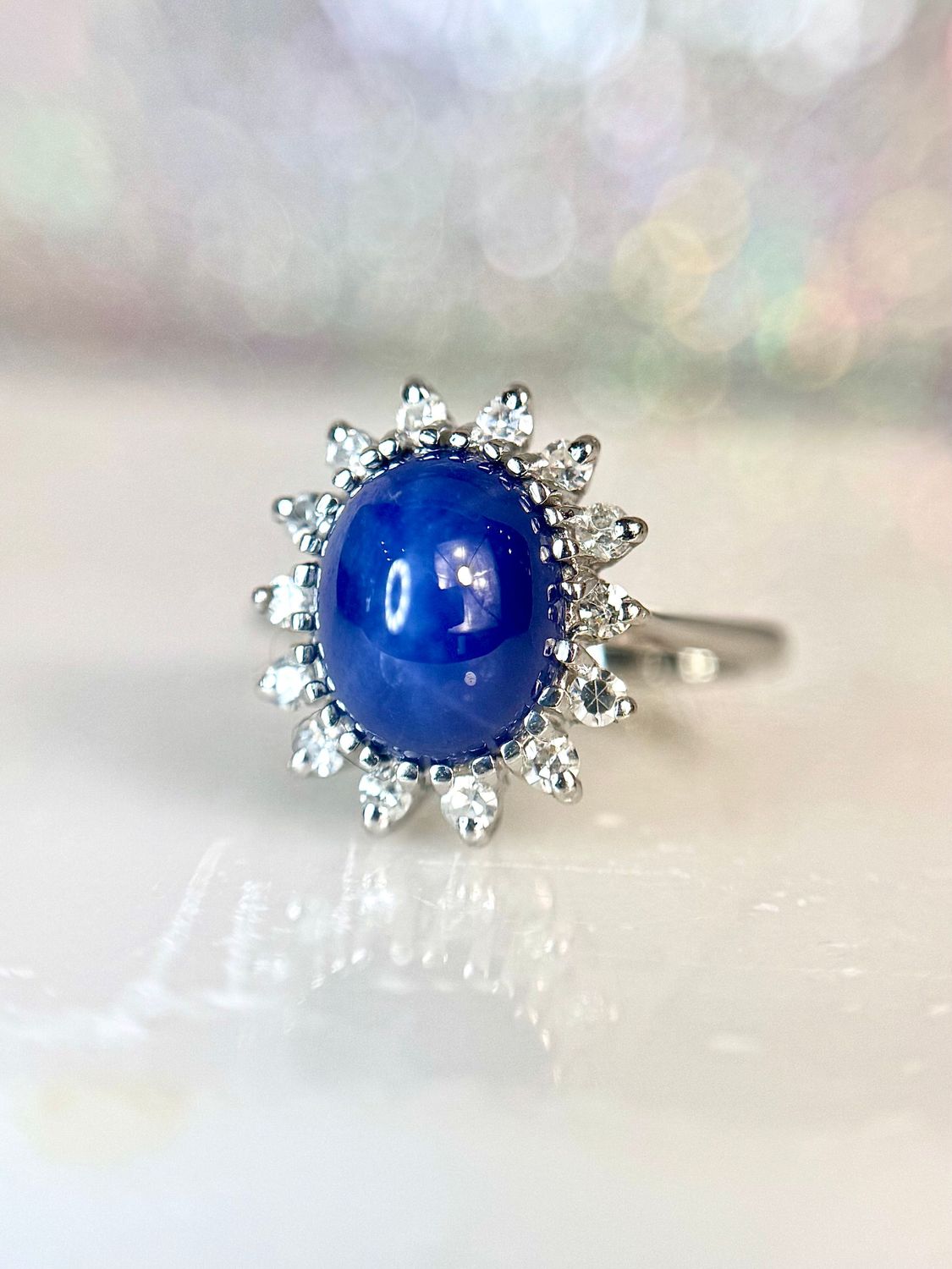 EST192  14k White Gold Estate Lindy Star Sapphire & Diamond Ring