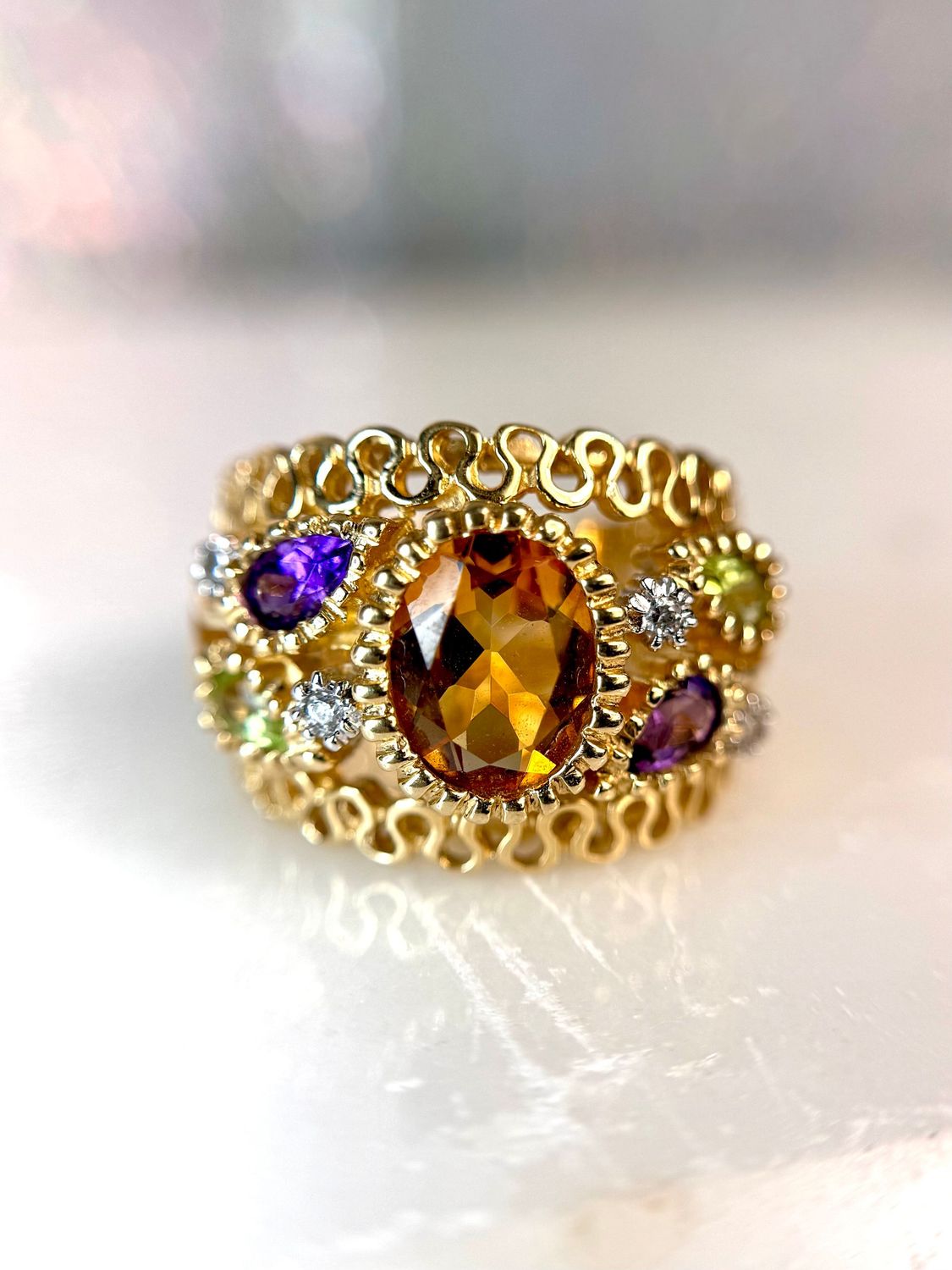 EST227  Estate 14k Yellow Gold Cocktail Ring with Citrine, Amethyst, Peridot & diamonds