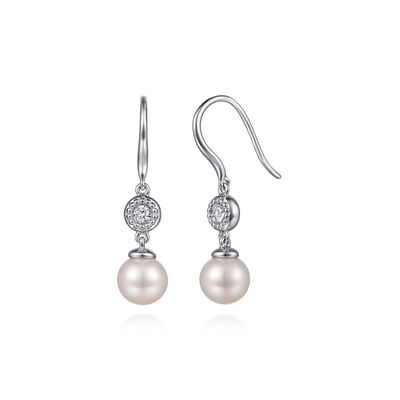 Gabriel EG14668SVJMC Pearl and White Sapphire Dangle Earrings Gabriel EG14668SVJMC Pearl and White Sapphire Dangle Earrings