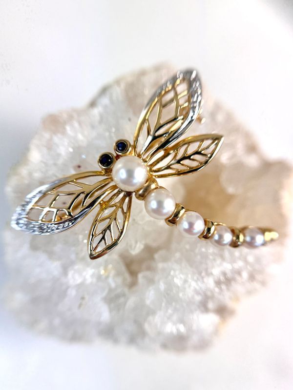 EST241 Estate 14k Yellow Gold Dragonfly Brooch with pearls, sapphires and diamonds EST241 Estate 14k Yellow Gold Dragonfly Brooch with pearls, sapphires and diamonds
