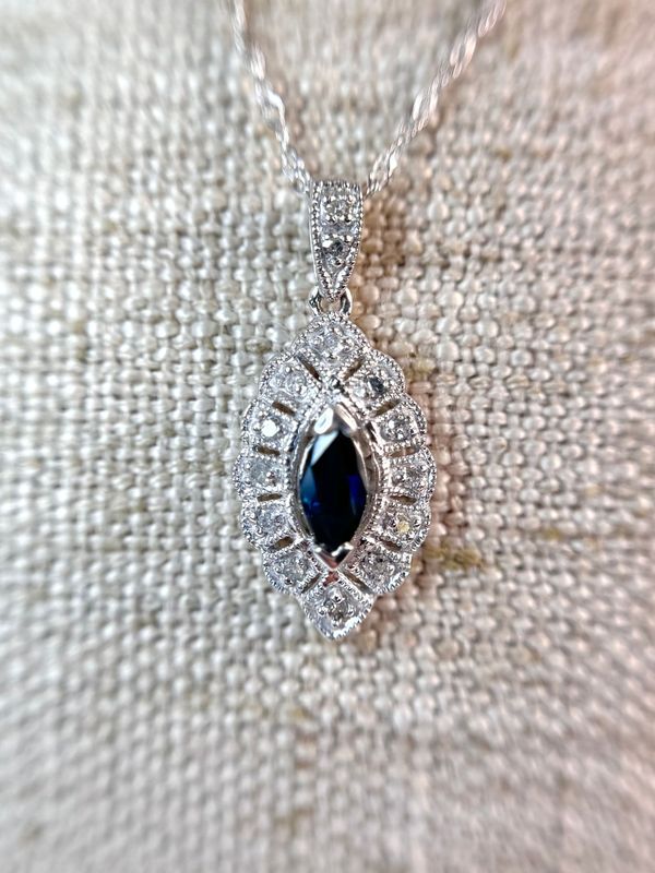EST245 Estate 10k White Gold Sapphire & Diamond Necklace EST245 Estate 10k White Gold Sapphire & Diamond Necklace