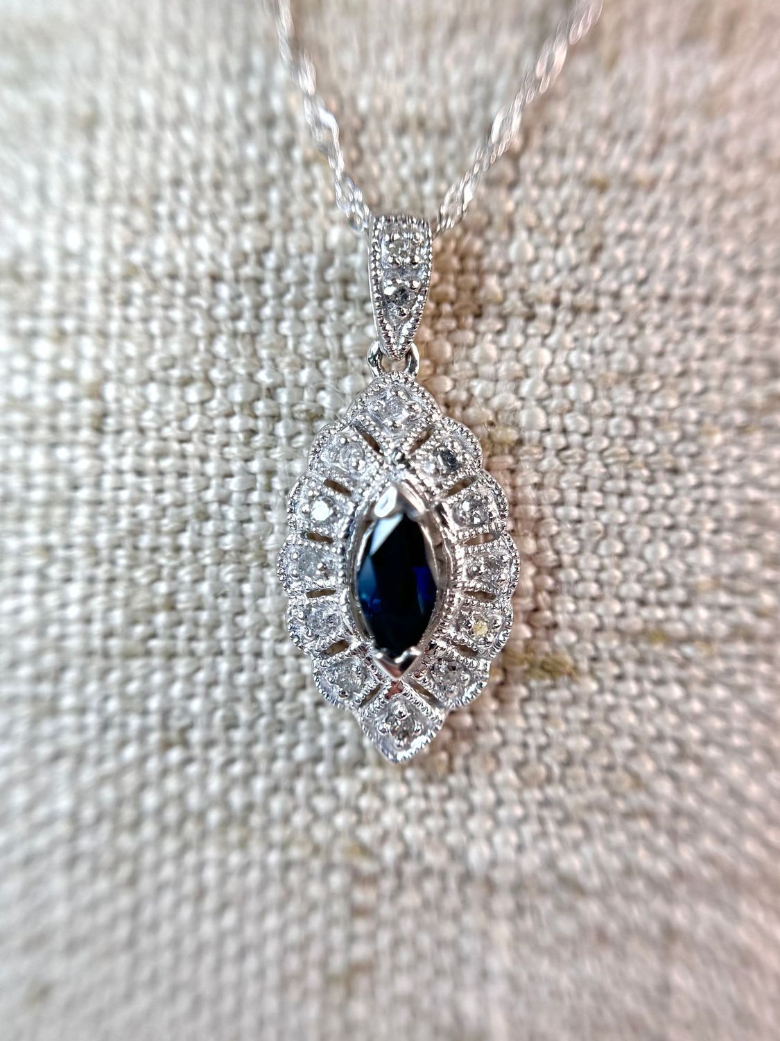 EST245 Estate 10k White Gold Sapphire & Diamond Necklace EST245 Estate 10k White Gold Sapphire & Diamond Necklace, With or Without Chain: With Chain