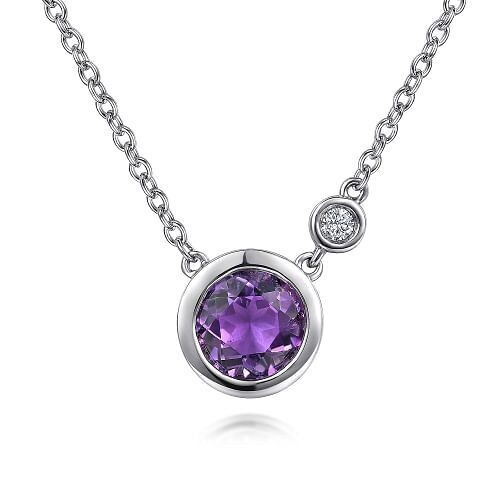 Gabriel NK5241SV5AM SS Amethyst and Diamond Bezel Set Necklace