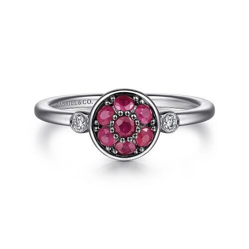 Gabriel LR52265SV5RB  Sterling Silver Bezel Set Diamond and Ruby Cluster Ring