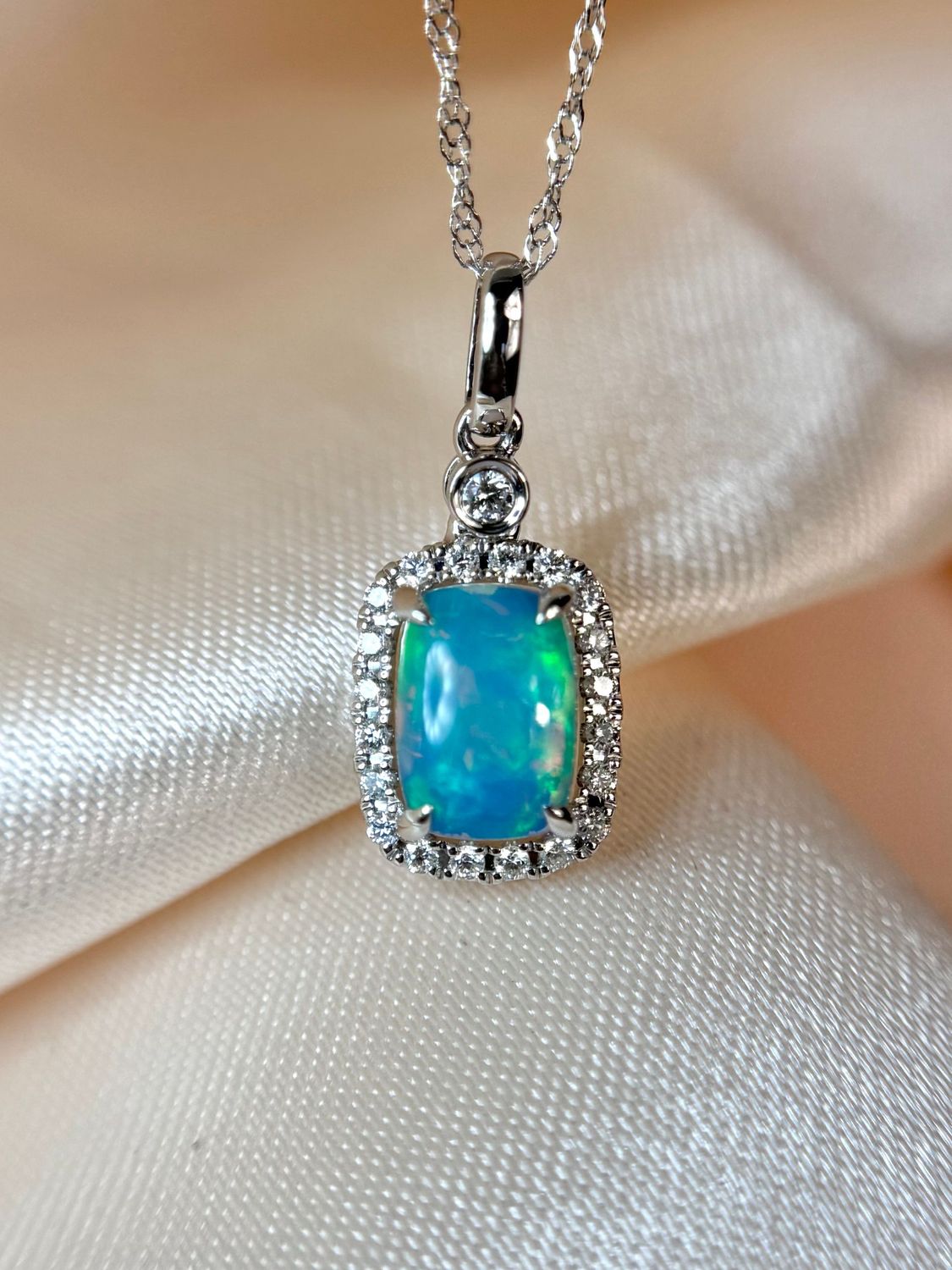 25514209  14k White Gold Opal & Diamond Necklace