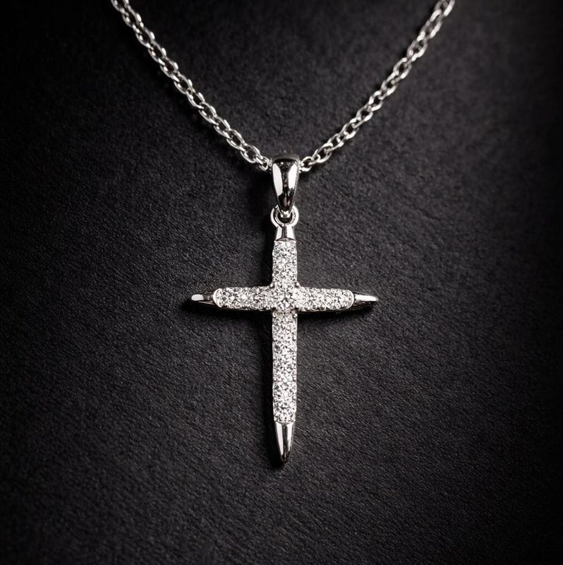 25538174  14k White Gold Diamond Cross Necklace
