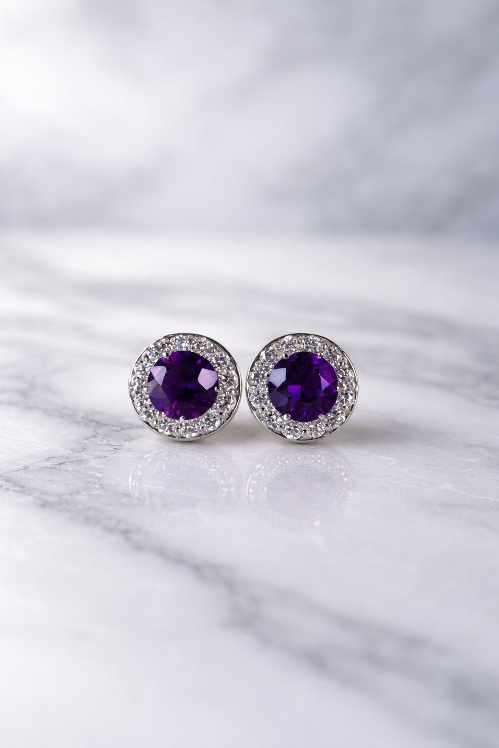 Grandeur E899  14k White Gold Amethyst & Diamond Stud Earrings