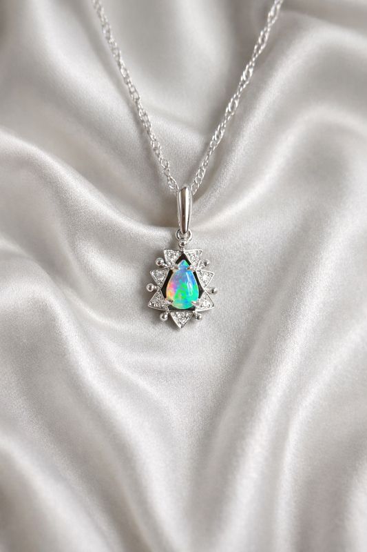 25552704  14k White Gold Opal & Diamond Necklace
