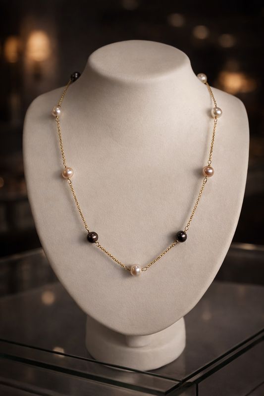 CA873  14k Yellow Gold Cultured Pearl Station Necklace