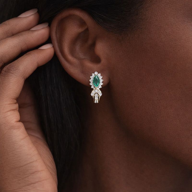 EST279  Estate 14k Yellow Gold Emerald and Diamond Earrings