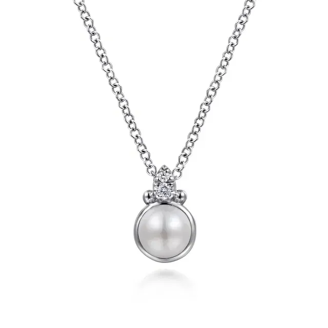 Gabriel NK7908SV5PB   Sterling Silver Pearl & Diamond Necklace