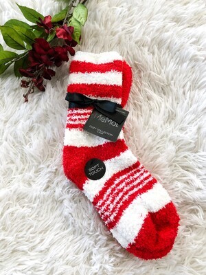 Red White Stripe Fuzzy Socks (2 pair)