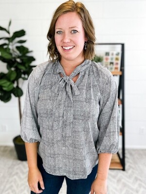 Black & White Checkered Blouse w/ Tie Neck Black & White Checkered Blouse w/ Tie Neck