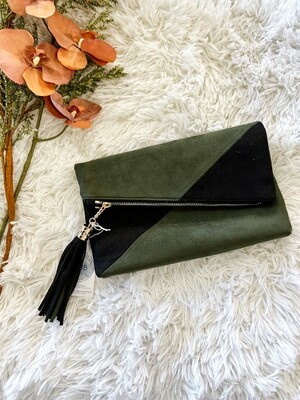 Olive & Black Sueded Clutch w/ Tassel Pull