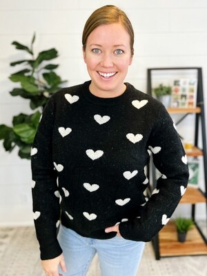 Black With White Hearts Long Sleeve Sweater