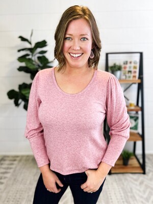 Pink Scoop Neck Knit Top w/ Gathered Shoulders Pink Scoop Neck Knit Top w/ Gathered Shoulders