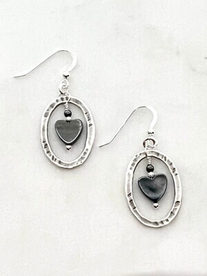 Sterling Silver Hematite Floating Heart Oval Earrings