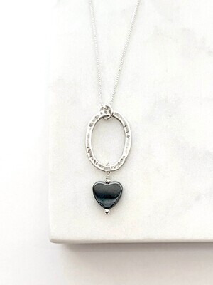 Sterling Silver Hematite Floating Heart Oval Necklace Sterling Silver Hematite Floating Heart Oval Necklace