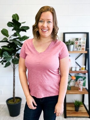 Rose V Neck Slub Knit Tee Shirt Rose V Neck Slub Knit Tee Shirt