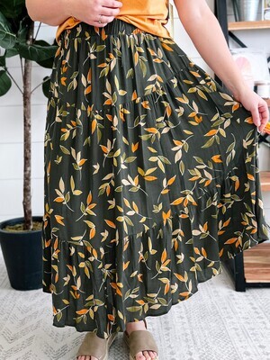 Army Green Long Skirt w/ Floral Print