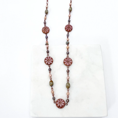 Copper Pink Czech Flower Necklace