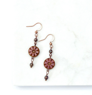 Copper Czech Flower Dangle Earrings