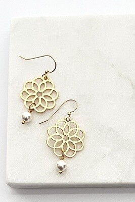 Golden Floral Coin Pearl Earrings