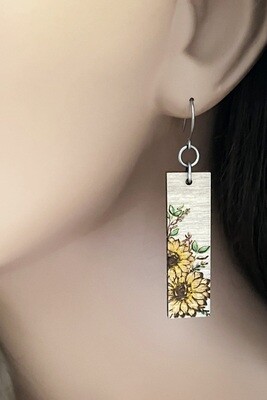 Maple Wood Engraved Sunflower Rectangle Earrings