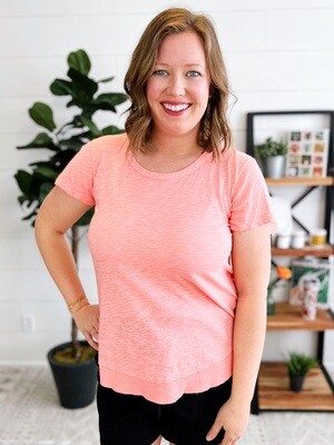 Coral Curved Hem Scoop Neck Tee Shirt