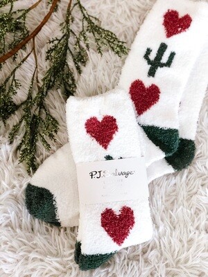 White w/ Hearts & Cactus Fuzzy Socks