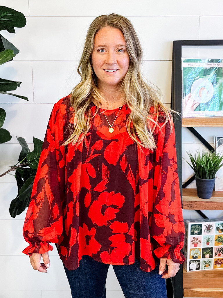Red Floral Long Sleeve Top