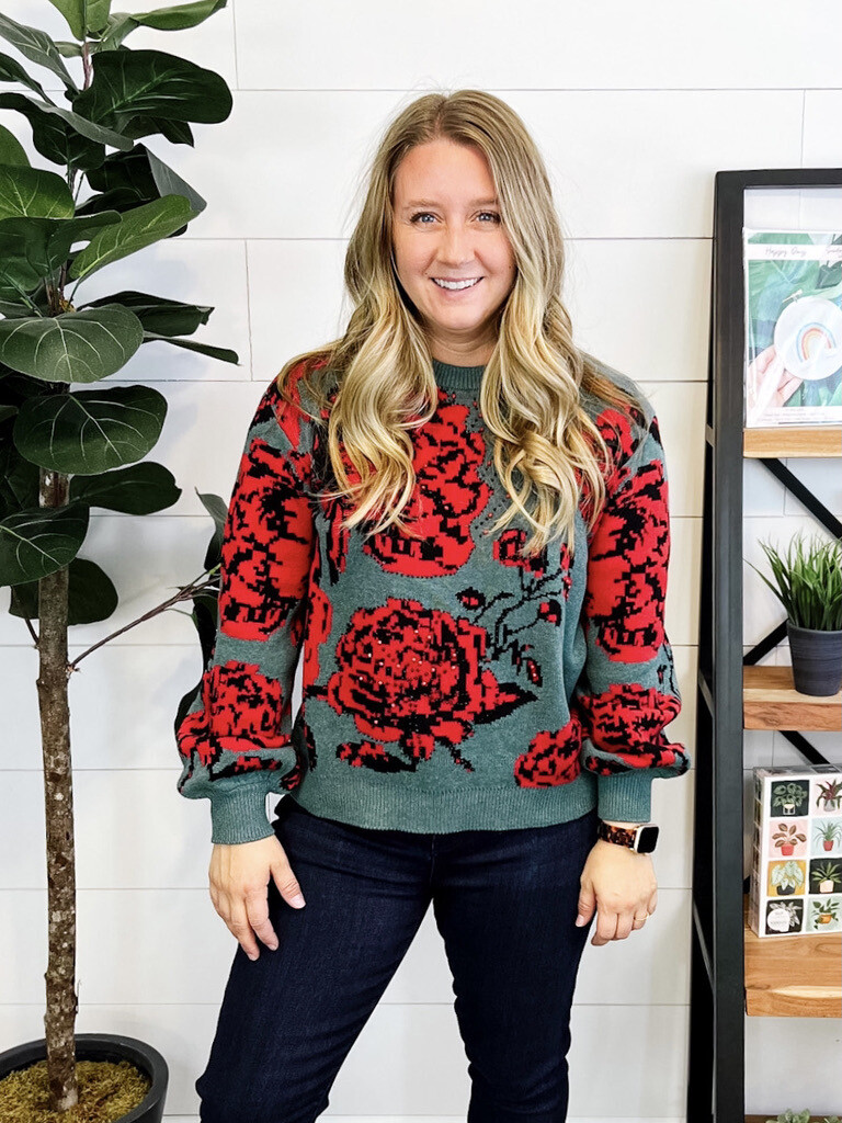 Teal and Red Rose Sweater