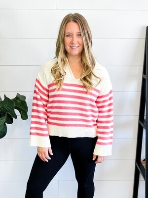 Coral Stripe Open Placket Sweater