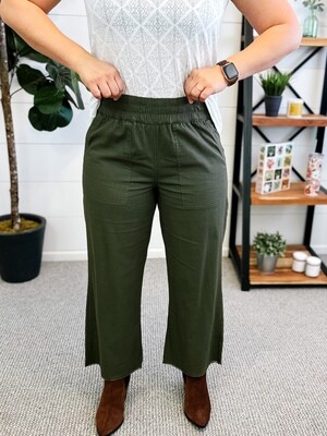 Olive Green Cropped Raw Edge Pant