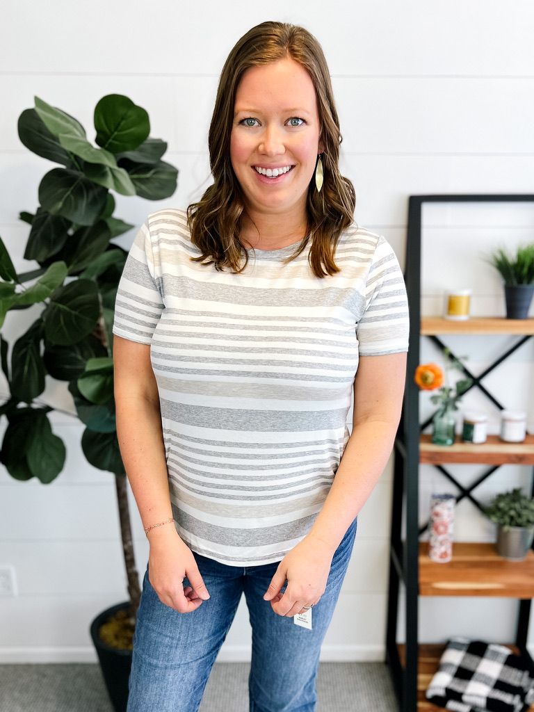 Cream & Gray Striped Short Sleeve T-Shirt
