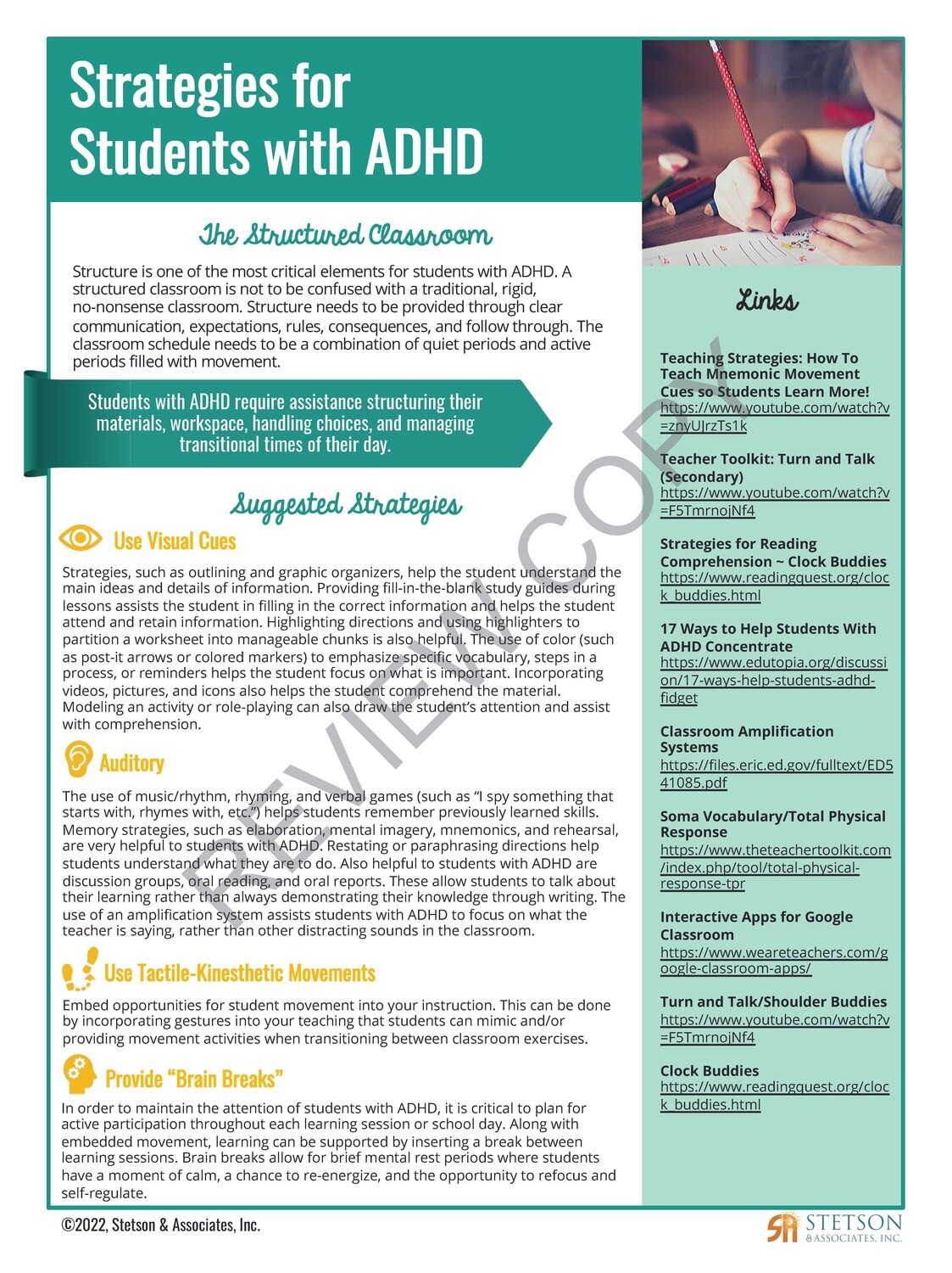 Strategies for Students with ADHD Information Card